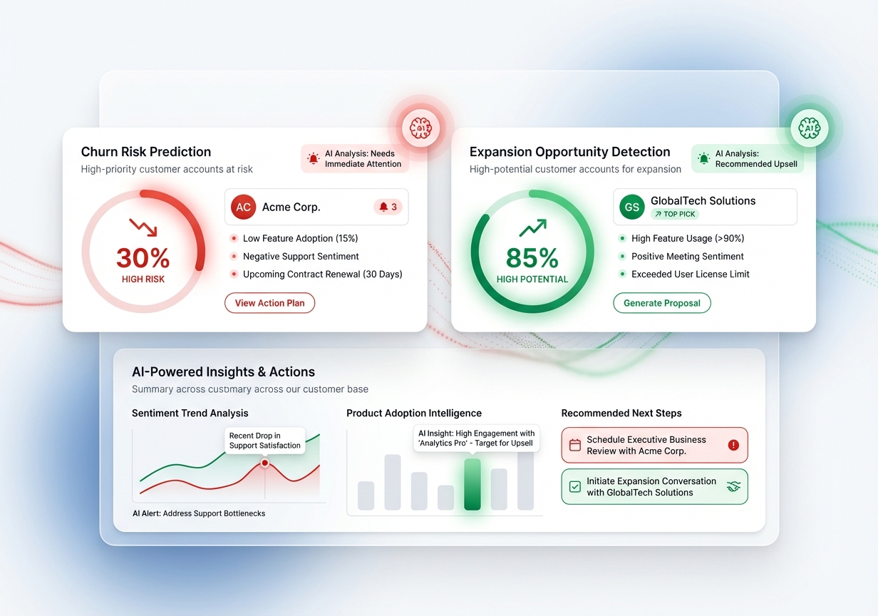 AI Predictions for Churn and Upsell - Dashboard showing churn risk and expansion opportunities